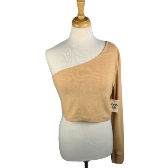 Open Edit Womens Crop Top One Shoulder Tan Capuccino Ribbed Knit Large L NEW - Picture 2 of 9